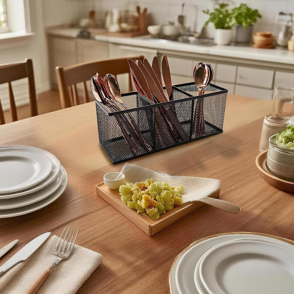 Metal Mesh Pencil Holder, Spacious 3-Compartment Desk Organizer for Pens, Makeup Brushes, Utensils, Multipurpose Office, School ,Kitchen, Home Desktop Storage, 10.43 x 3.35 x 4.04 Inches, Black