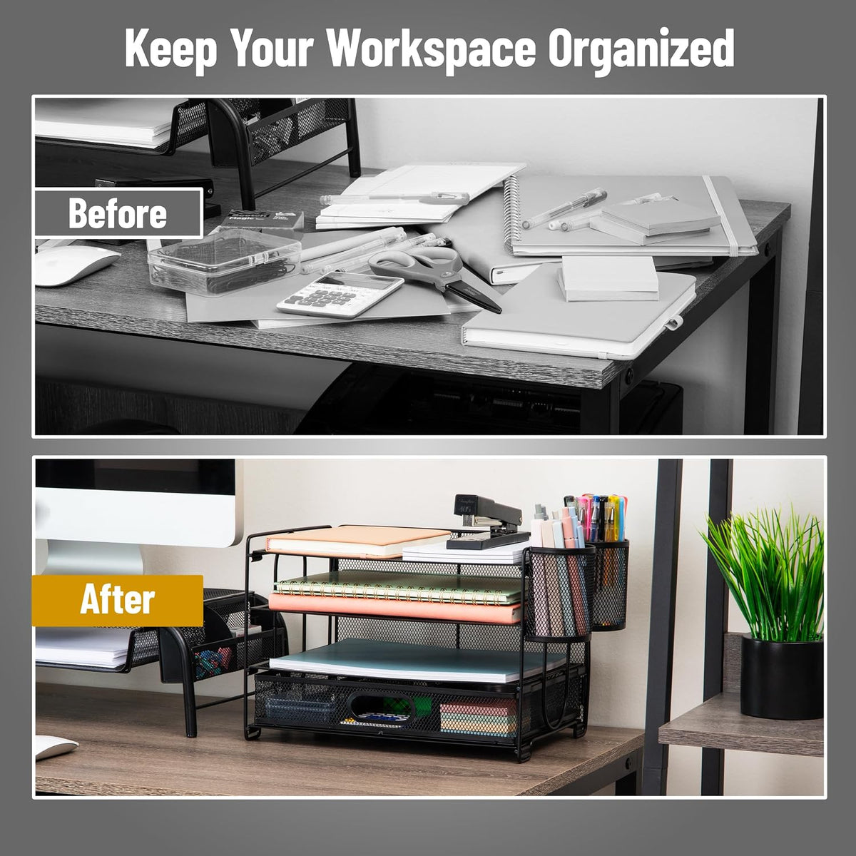 Mind Reader Mesh Desk Organizer, 3 Trays, 1 Drawer, 2 Pen Holders, Office Desktop Organizer, Metal Mesh, Black