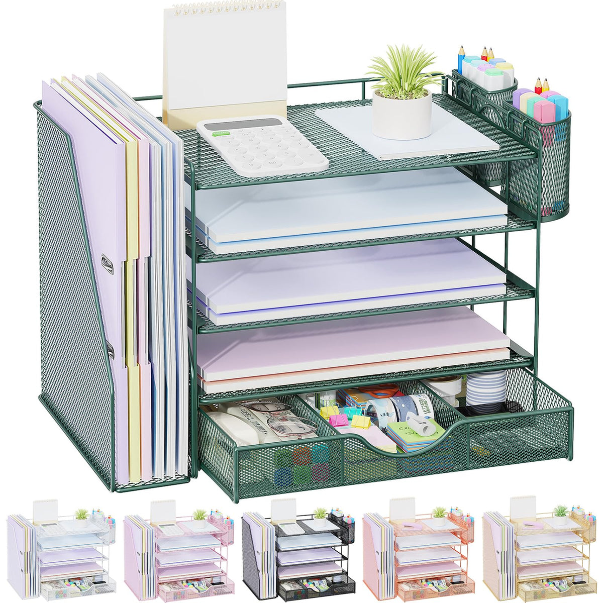 gianotter Desk Organizers and Accessories with File Holder, 4-Tier Desk Accessories & Workspace Organizers with Drawer and 2 Pen Holder, Paper Organizer for Office Supplies (Wood)