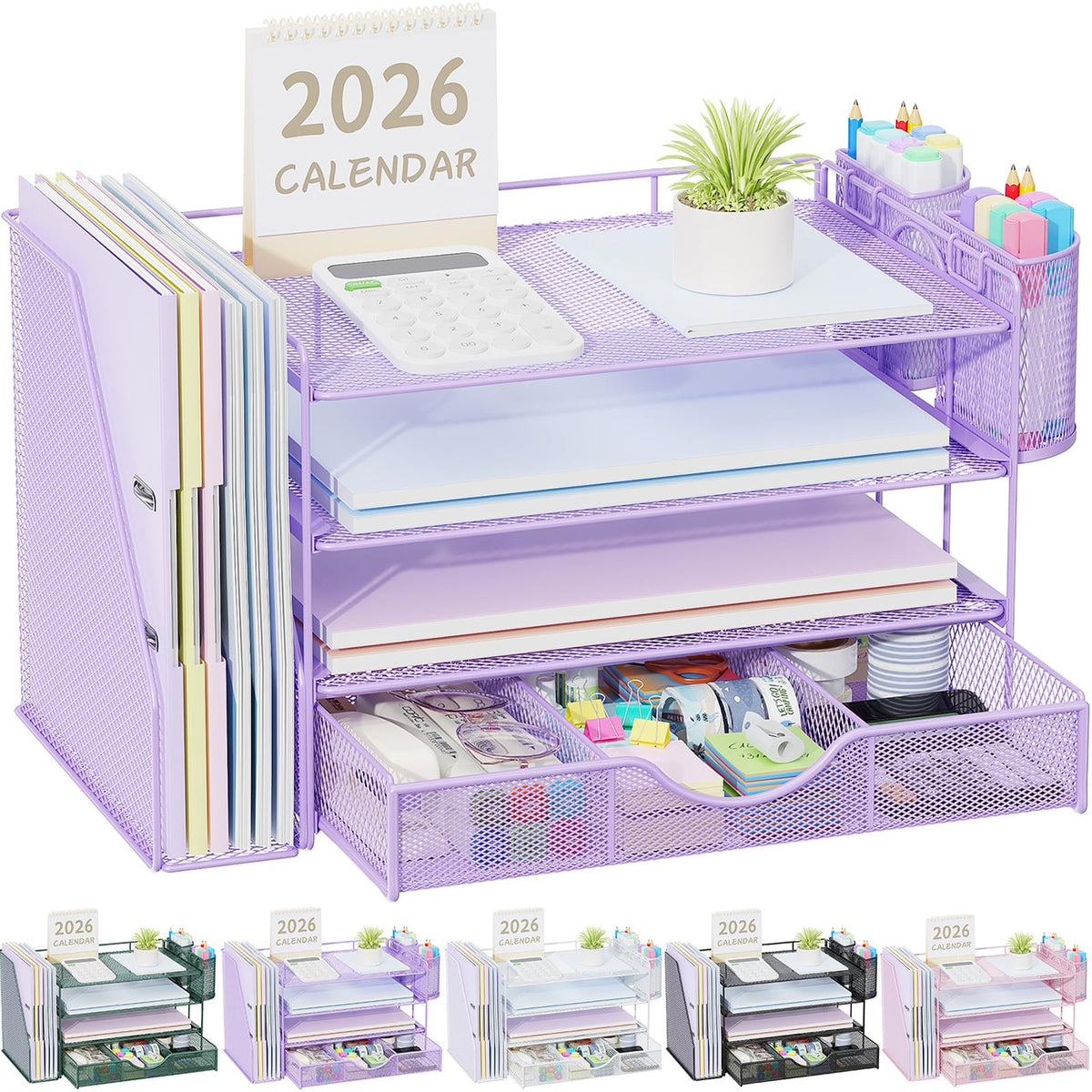gianotter Desk Organizers and Accessories with File Holder, 4-Tier Desk Accessories & Workspace Organizers with Drawer and 2 Pen Holder, Paper Organizer for Office Supplies (Wood)
