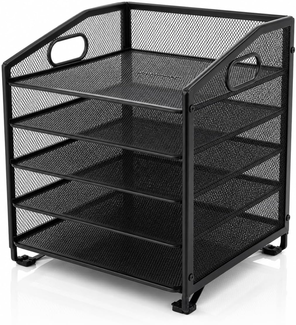 Ekisemio 5-Tier Desk Organizers and Accessories, Paper Letter Tray Organizer with File Holder, Desktop Organizer for Office Supplies, Black