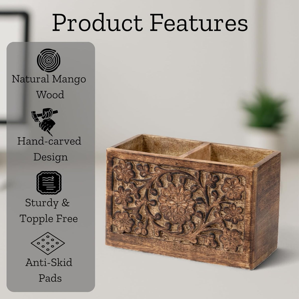Mie Creations 2 Slot Rustic Pen Holder, Wooden Office Organizer 6''