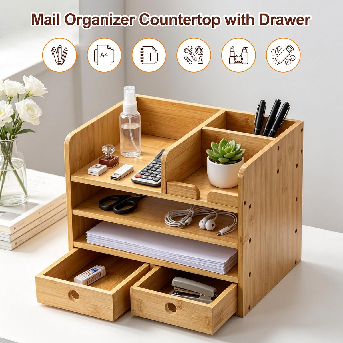 Bamboo Desk Organizer with Drawers, Makeup Storage for Home Office