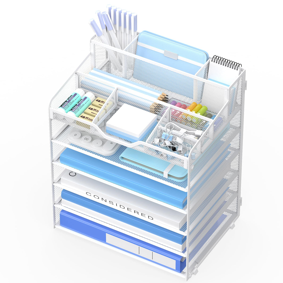 3 Tier Mesh Paper Desk Organizer with Pen Holders, White