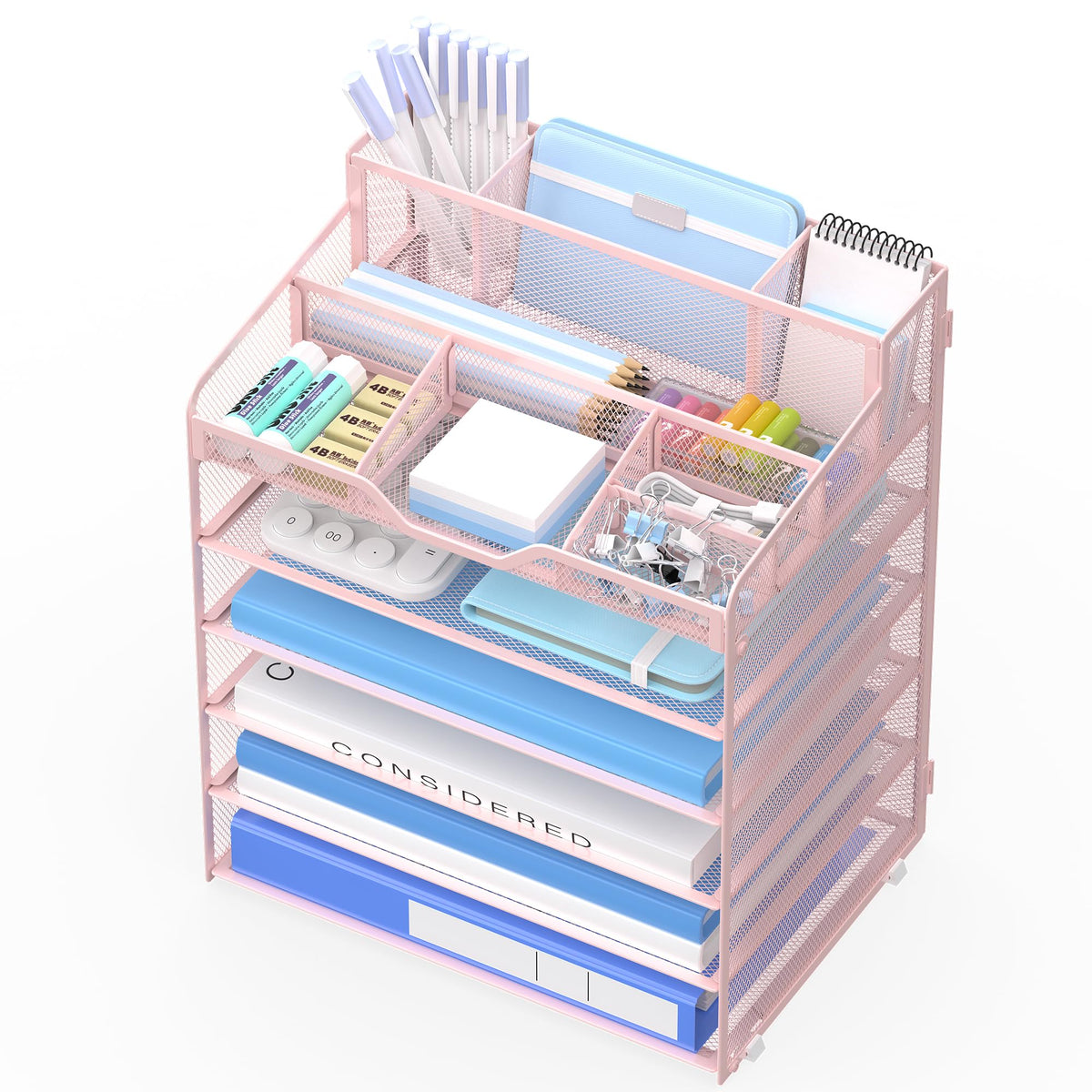 3 Tier Mesh Paper Desk Organizer with Pen Holders, White