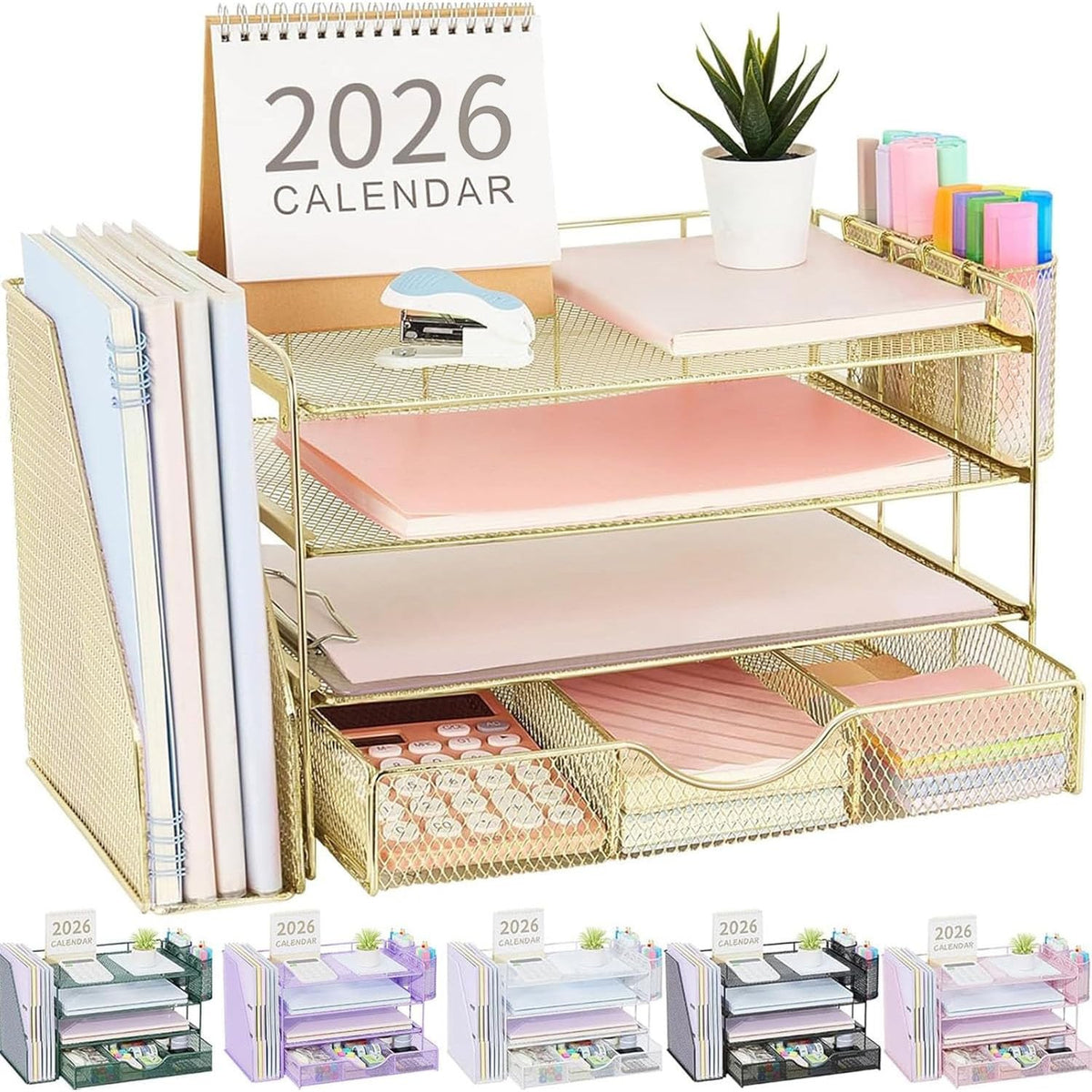 gianotter Desk Organizers and Accessories with File Holder, 4-Tier Desk Accessories & Workspace Organizers with Drawer and 2 Pen Holder, Paper Organizer for Office Supplies (Wood)