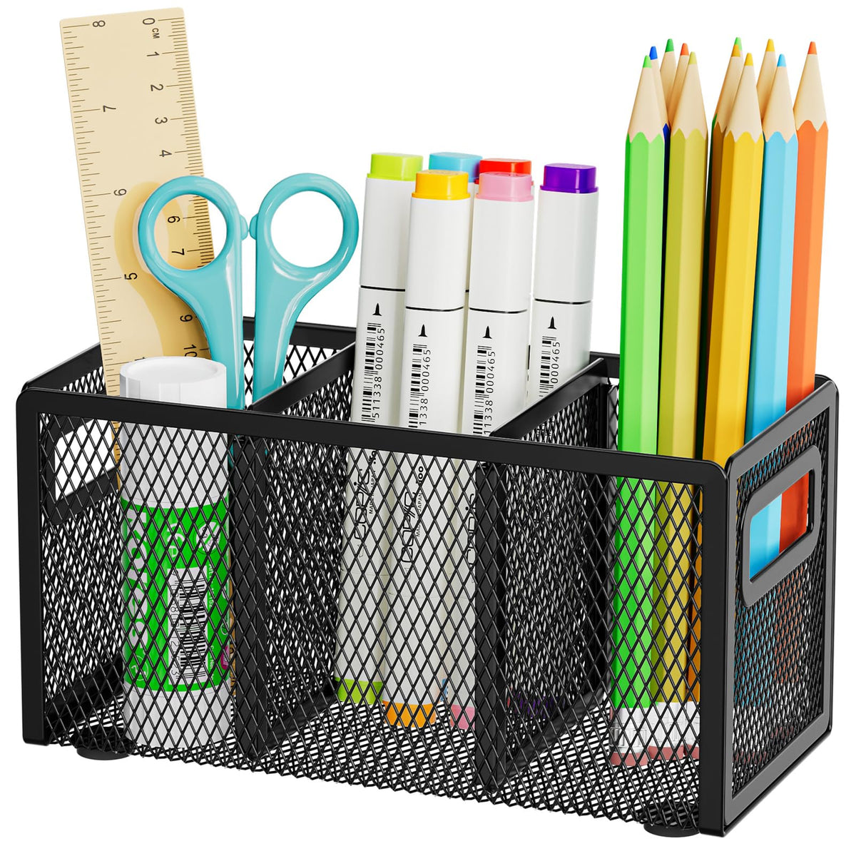Marbrasse Mesh Pen Holder for Desk, Pencil Holder Desk Organizer 3 Adjustable Compartments, Pencil Cup with Handle Perfect for Classroom, Office, Home, Makeup, Art (4 Compartments - Black)