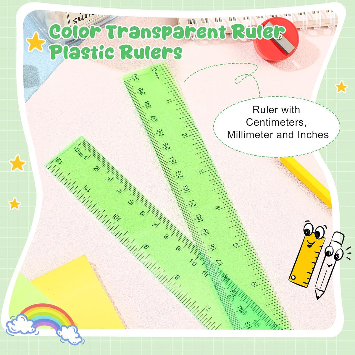EBOOT 2 Pack Plastic Ruler Straight Clear Measuring Tool, Green, 12 Inch