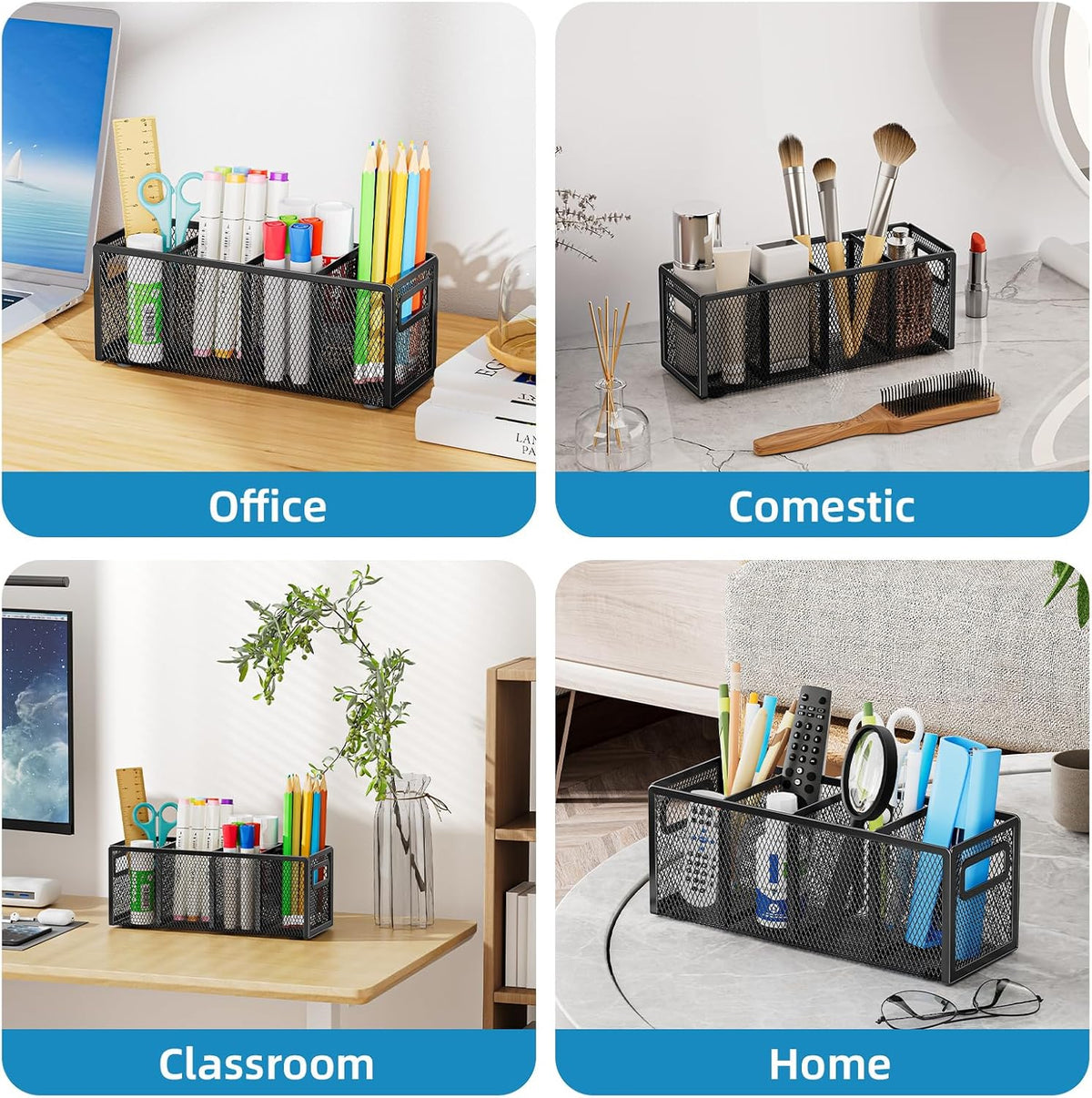 Marbrasse Mesh Pen Holder for Desk, Pencil Holder Desk Organizer 3 Adjustable Compartments, Pencil Cup with Handle Perfect for Classroom, Office, Home, Makeup, Art (4 Compartments - Black)