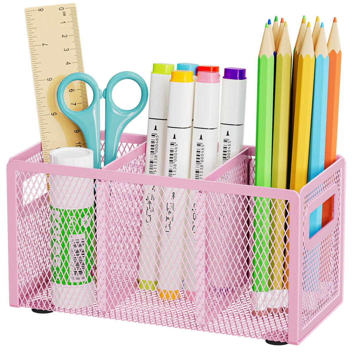 Marbrasse Mesh Pen Holder for Desk, Pencil Holder Desk Organizer 3 Adjustable Compartments, Pencil Cup with Handle Perfect for Classroom, Office, Home, Makeup, Art (4 Compartments - Black)