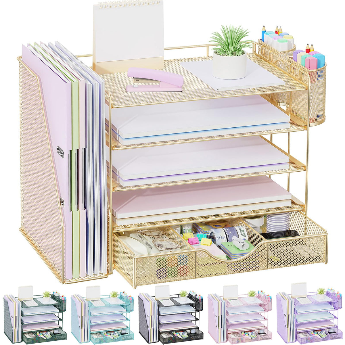 gianotter Desk Organizers and Accessories with File Holder, 4-Tier Desk Accessories & Workspace Organizers with Drawer and 2 Pen Holder, Paper Organizer for Office Supplies (Rose Gold)