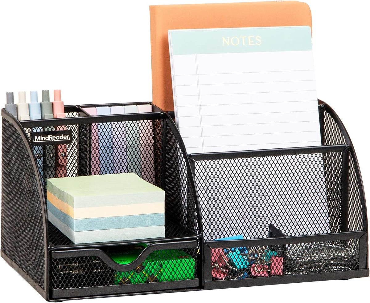 Mind Reader 7-Compartment Metal Mesh Desktop Organizer, Black