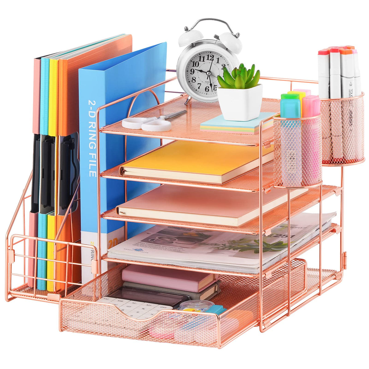 Marbrasse Desk Organizer with File Holder, 5-Tier Paper Letter Tray Organizer with Drawer and 2 Pen Holder, Mesh Desktop Organizer and Storage with Magazine Holder for Office Supplies(Black)