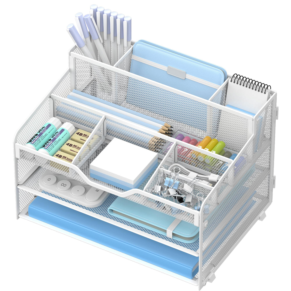 3 Tier Mesh Paper Desk Organizer with Pen Holders, White