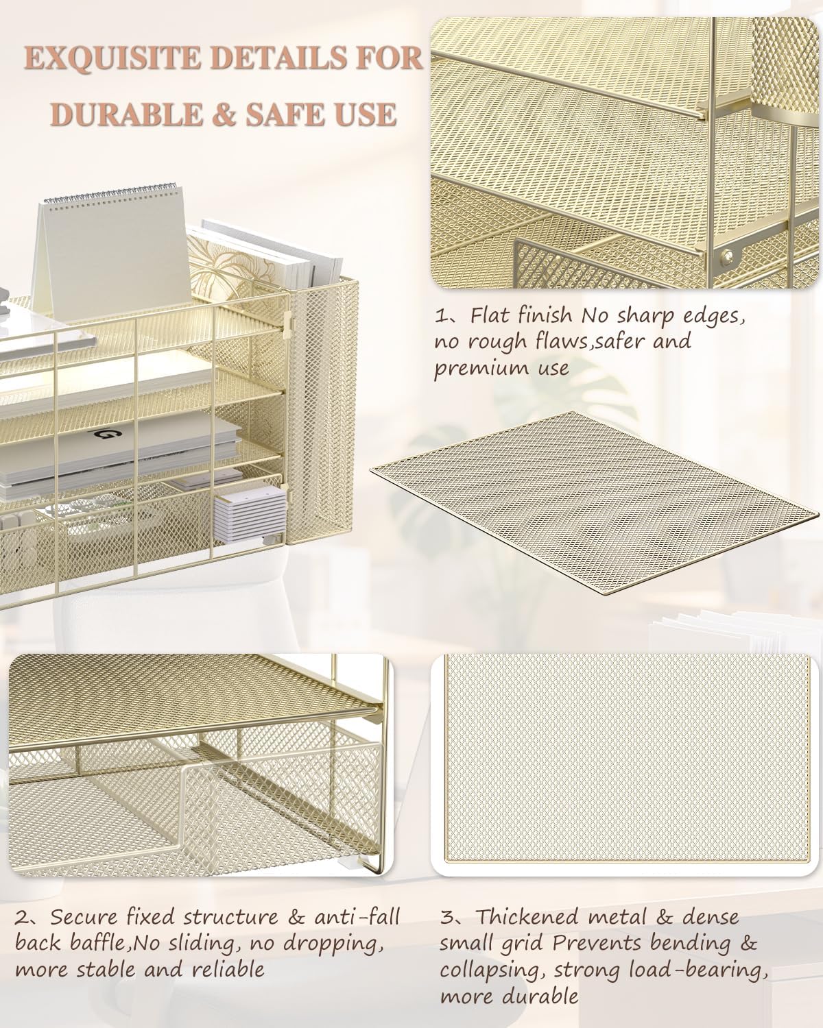 WALI Desk File Organizer, 4 Tier Desktop Paper Letter Tray Organizer with Drawer and 2 Pen Holders, Office Desk Accessories & Workspace Organizers for Office, Home, School Supplies, 1 Pack, Gold
