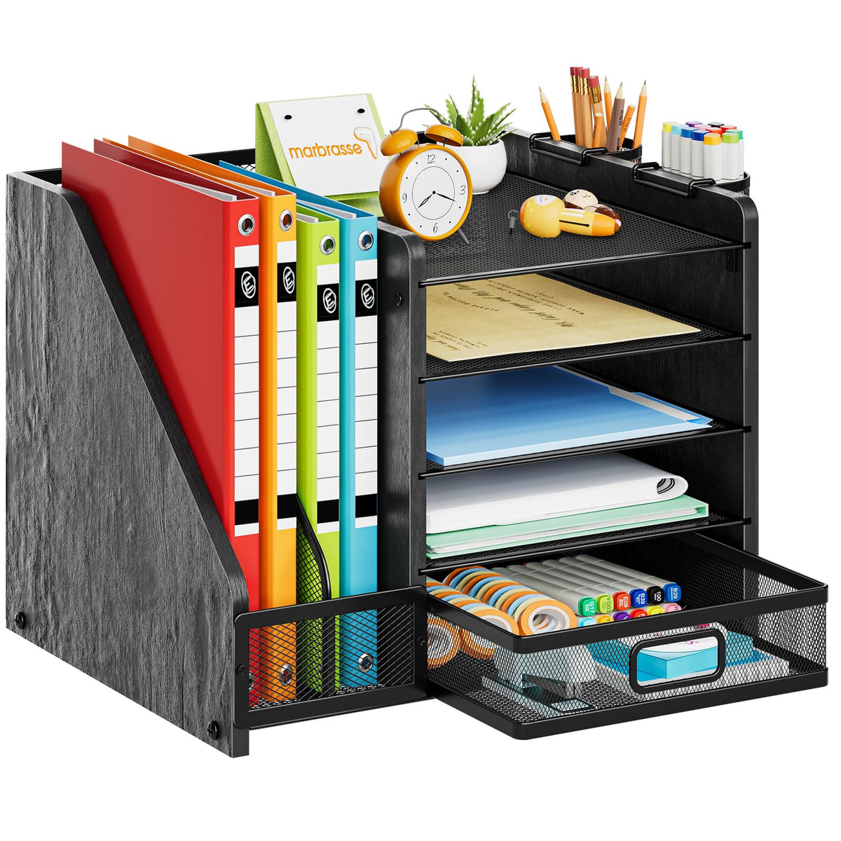 Marbrasse Desk Organizer with File Holder, 5-Tier Paper Letter Tray Organizer with Drawer and 2 Pen Holder, Mesh Desktop Organizer and Storage with Magazine Holder for Office Supplies(Black)
