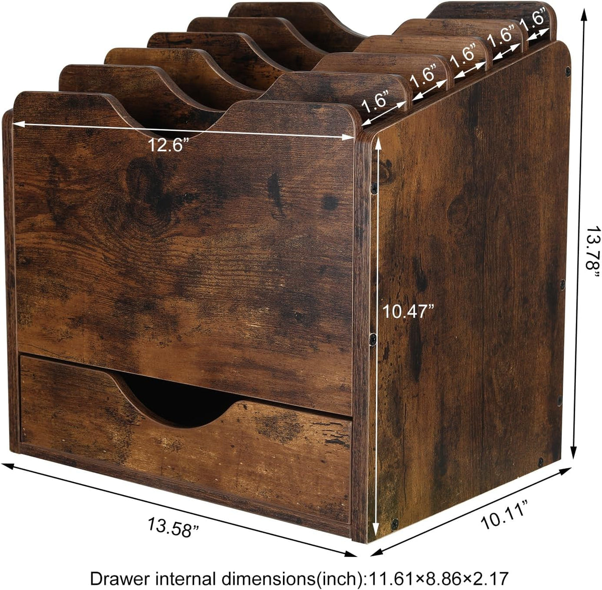 PAG-Mass Wood Desktop File Holder Organizer Mail Sorter with Drawer, for File Folders, Mails, Envelopes, Mailing Supplies or Magazines, 6 Compartments, Antique Brown