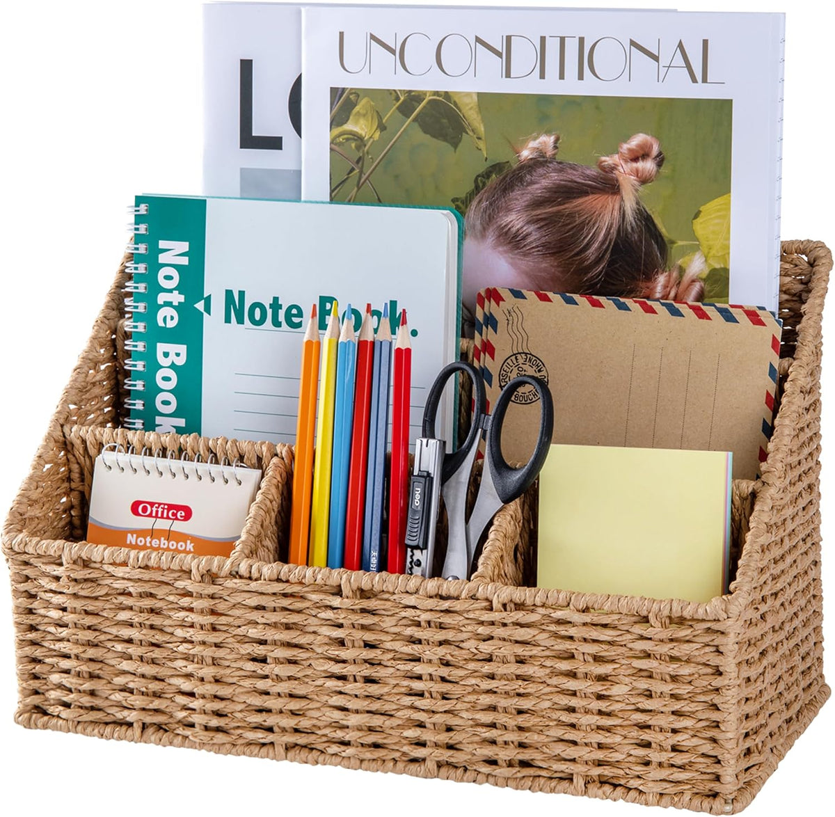 DINGTAI Rattan Desk Organizer, Tabletop Mail Holder, 5 Slot Mail Organizer Countertop Basket, Rattan Office Supplies, Boho Office Desk Accessories, Wicker Desk Organizer, Magazine Holder(Wicker)