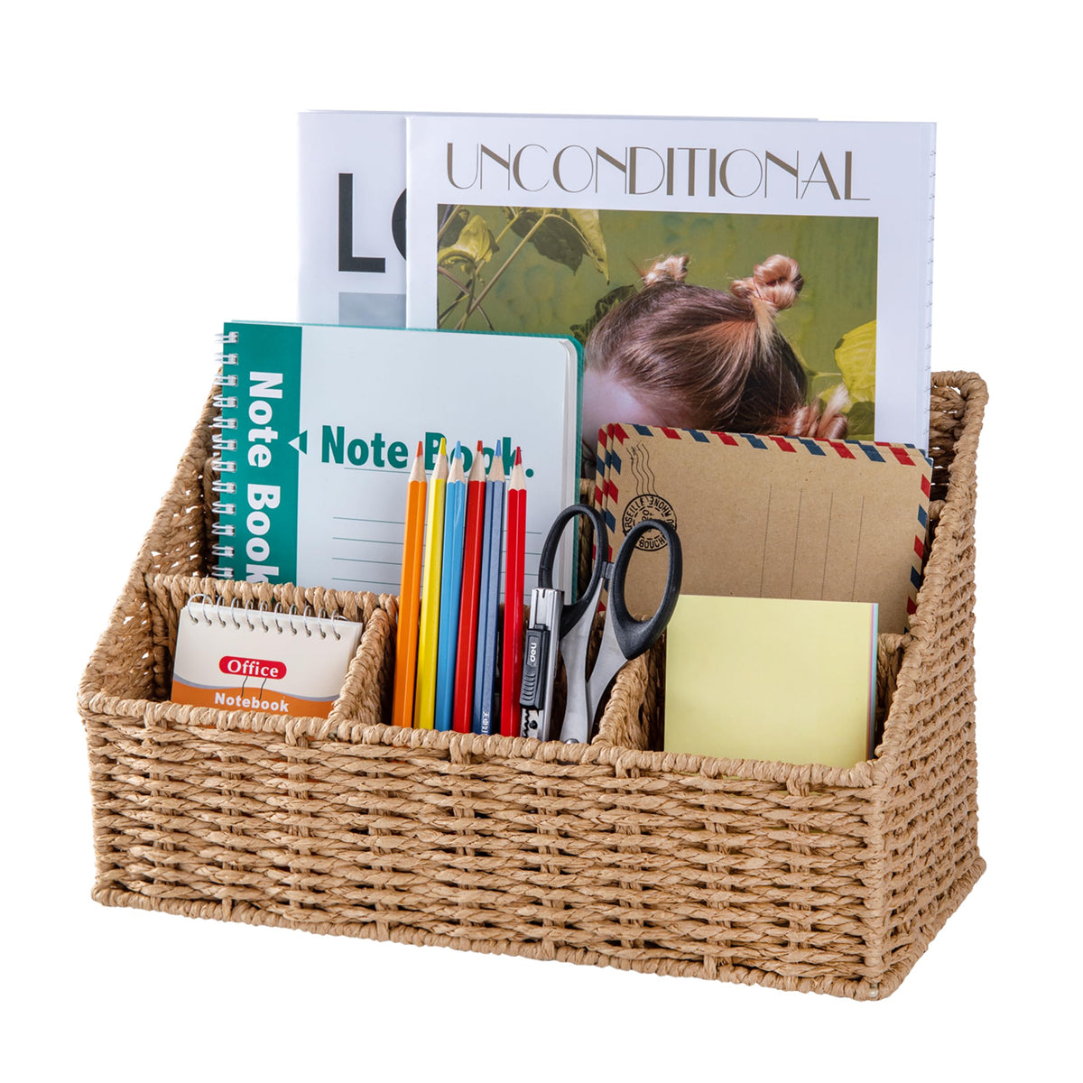 DINGTAI Rattan Desk Organizer, Tabletop Mail Holder, 5 Slot Mail Organizer Countertop Basket, Rattan Office Supplies, Boho Office Desk Accessories, Wicker Desk Organizer, Magazine Holder(Wicker)