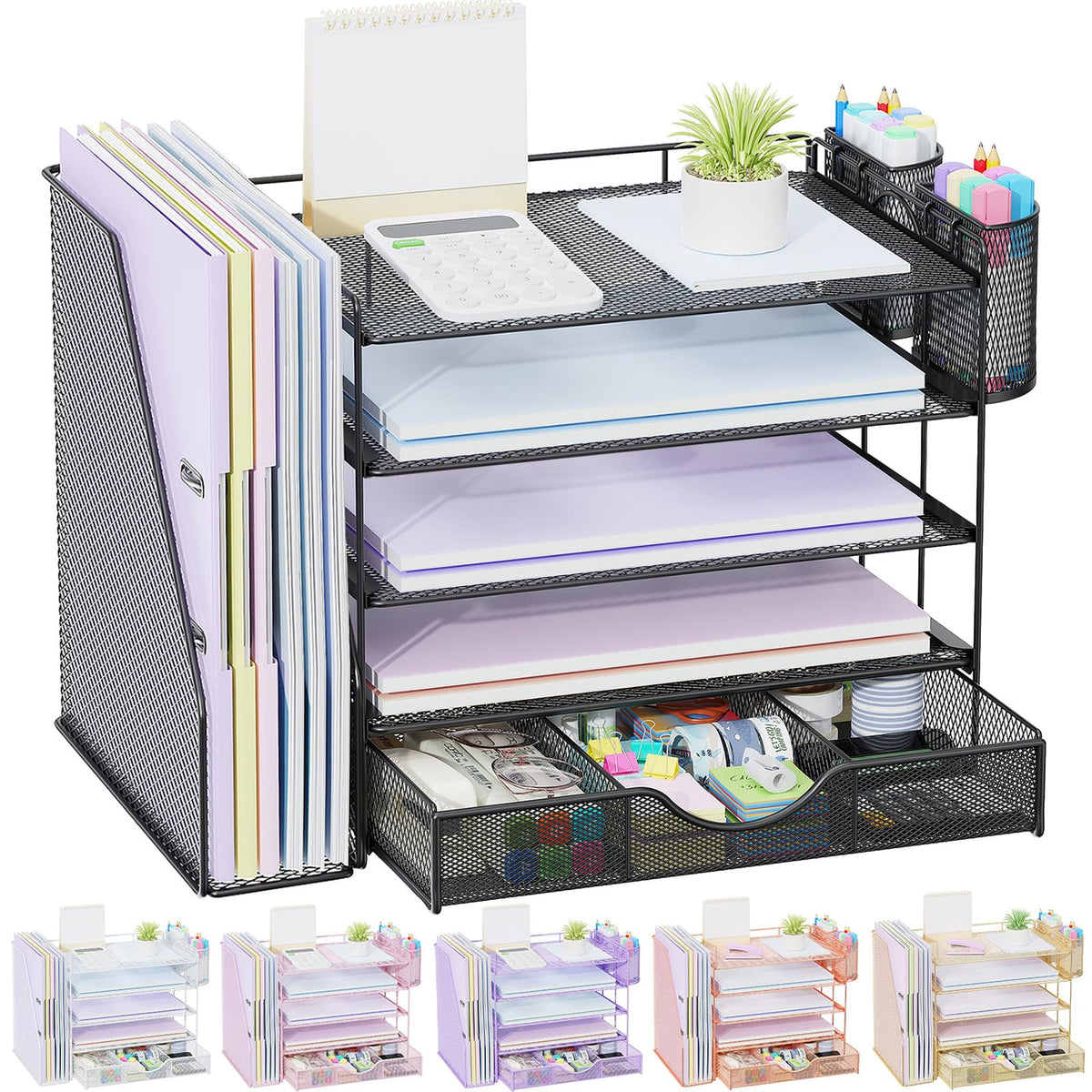 gianotter Desk Organizers and Accessories with File Holder, 4-Tier Desk Accessories & Workspace Organizers with Drawer and 2 Pen Holder, Paper Organizer for Office Supplies (Wood)