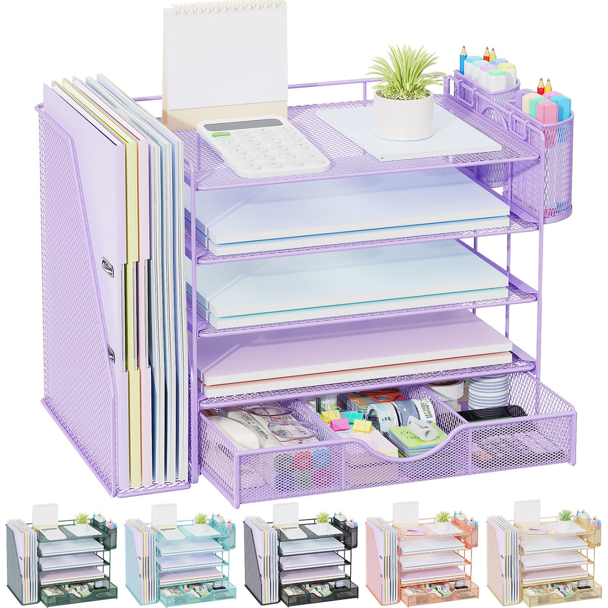gianotter Desk Organizers and Accessories with File Holder, 4-Tier Desk Accessories & Workspace Organizers with Drawer and 2 Pen Holder, Paper Organizer for Office Supplies (Wood)