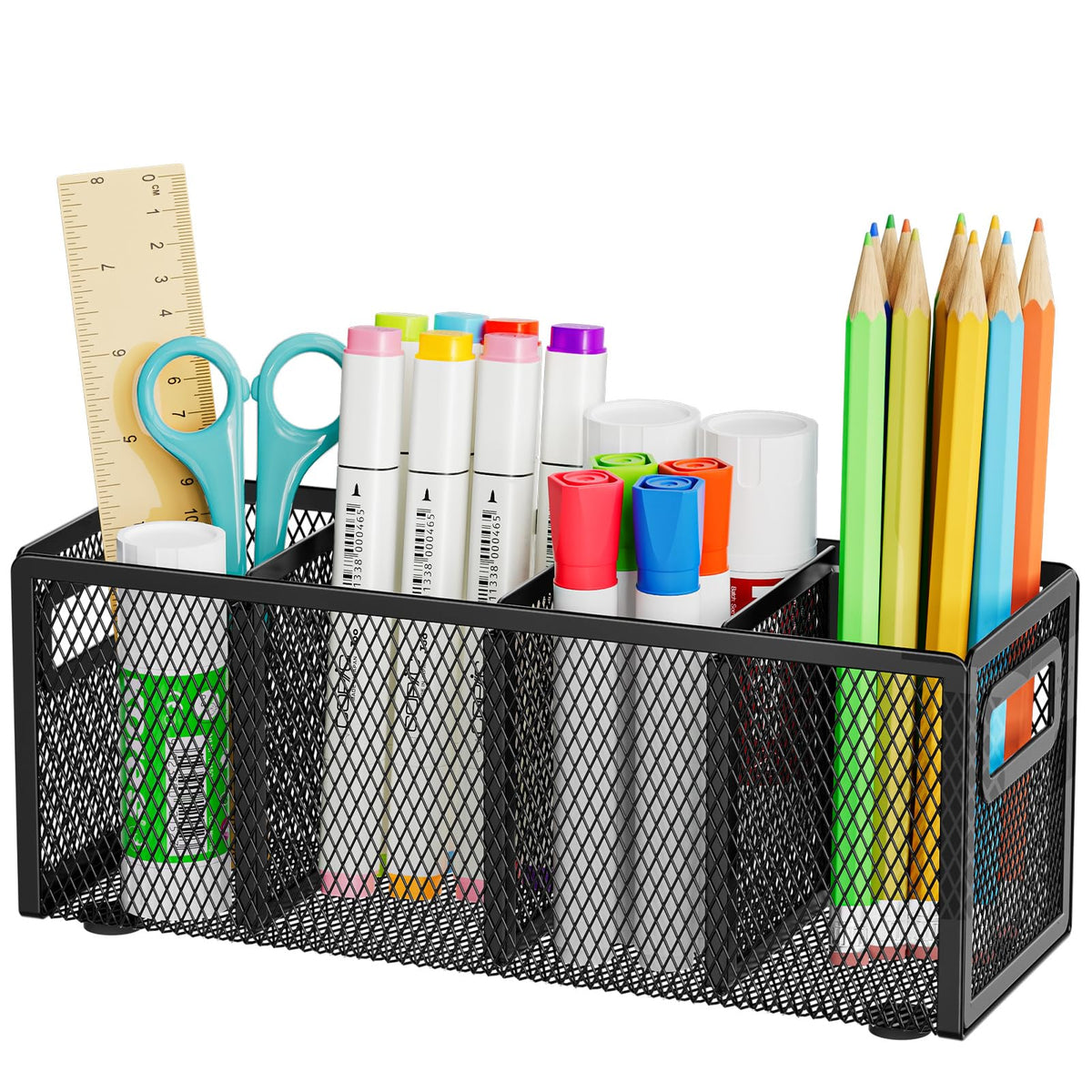 Marbrasse Mesh Pen Holder for Desk, Pencil Holder Desk Organizer 3 Adjustable Compartments, Pencil Cup with Handle Perfect for Classroom, Office, Home, Makeup, Art (4 Compartments - Black)