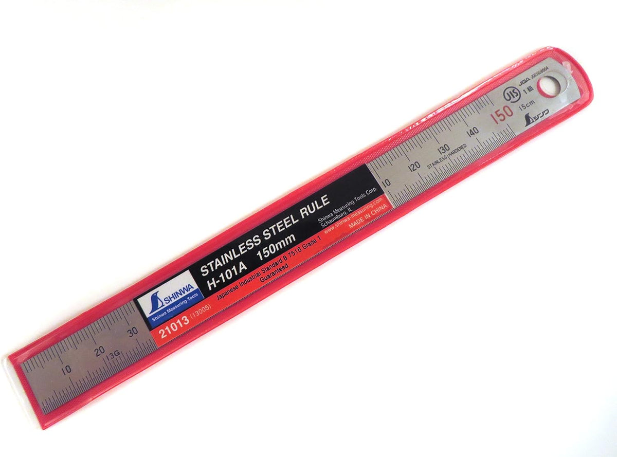 Shinwa 150 mm Rigid (15 mm x 0.5 mm) Zero Glare Satin Chrome Stainless Steel Machinist Engineer Ruler/Rule with Graduations in mm and .5mm Model 13005