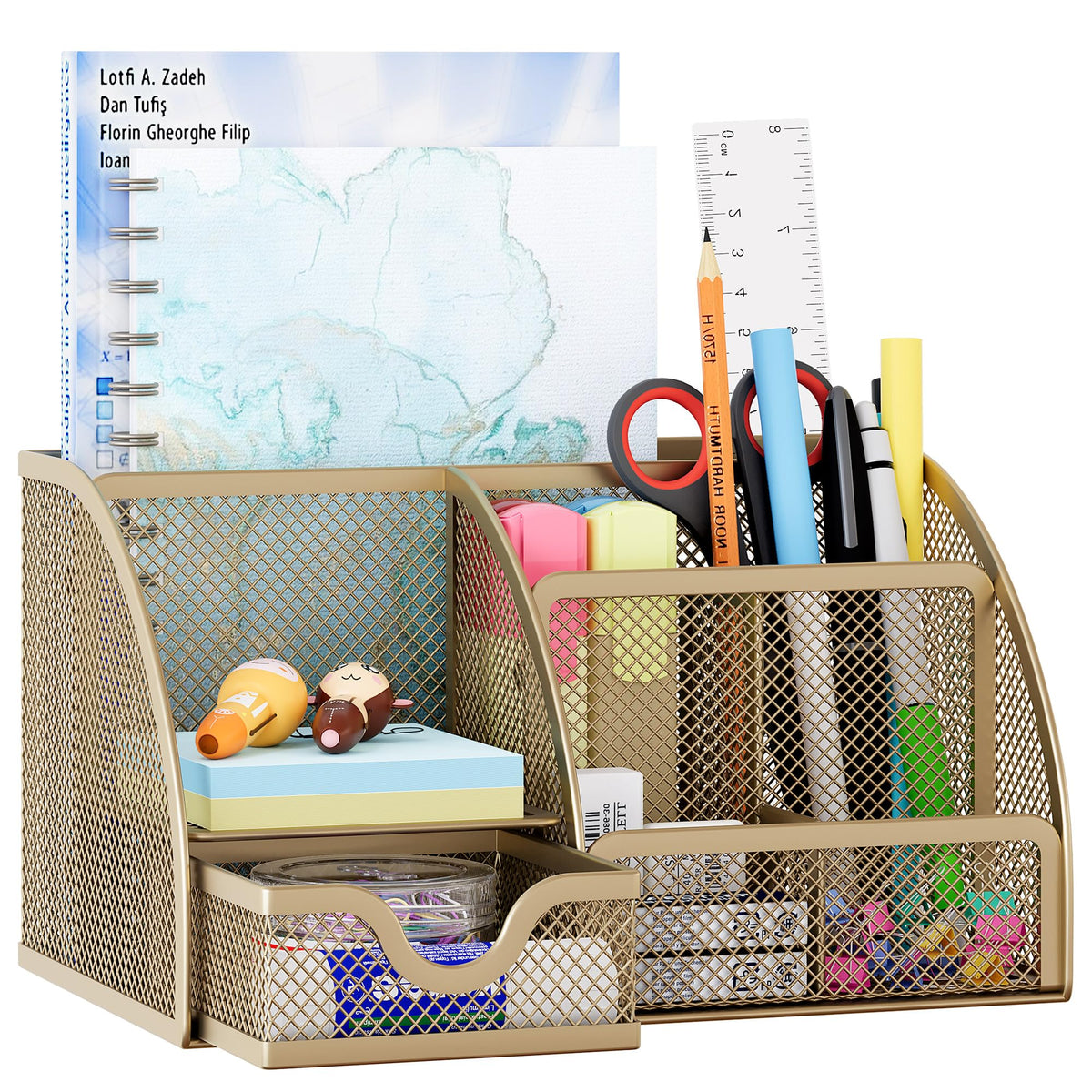 EasyPAG Mesh Desk Organizer with Drawer Multi-functional Pen Holder Stationery Organizer for Office School Supplies 6 Compartments Dorm Organizers and Storage for Desk, White