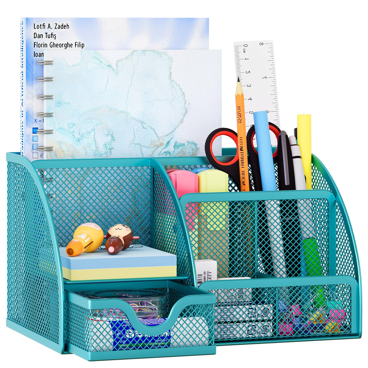 EasyPAG Mesh Desk Organizer with Drawer Multi-functional Pen Holder Stationery Organizer for Office School Supplies 6 Compartments Dorm Organizers and Storage for Desk, White