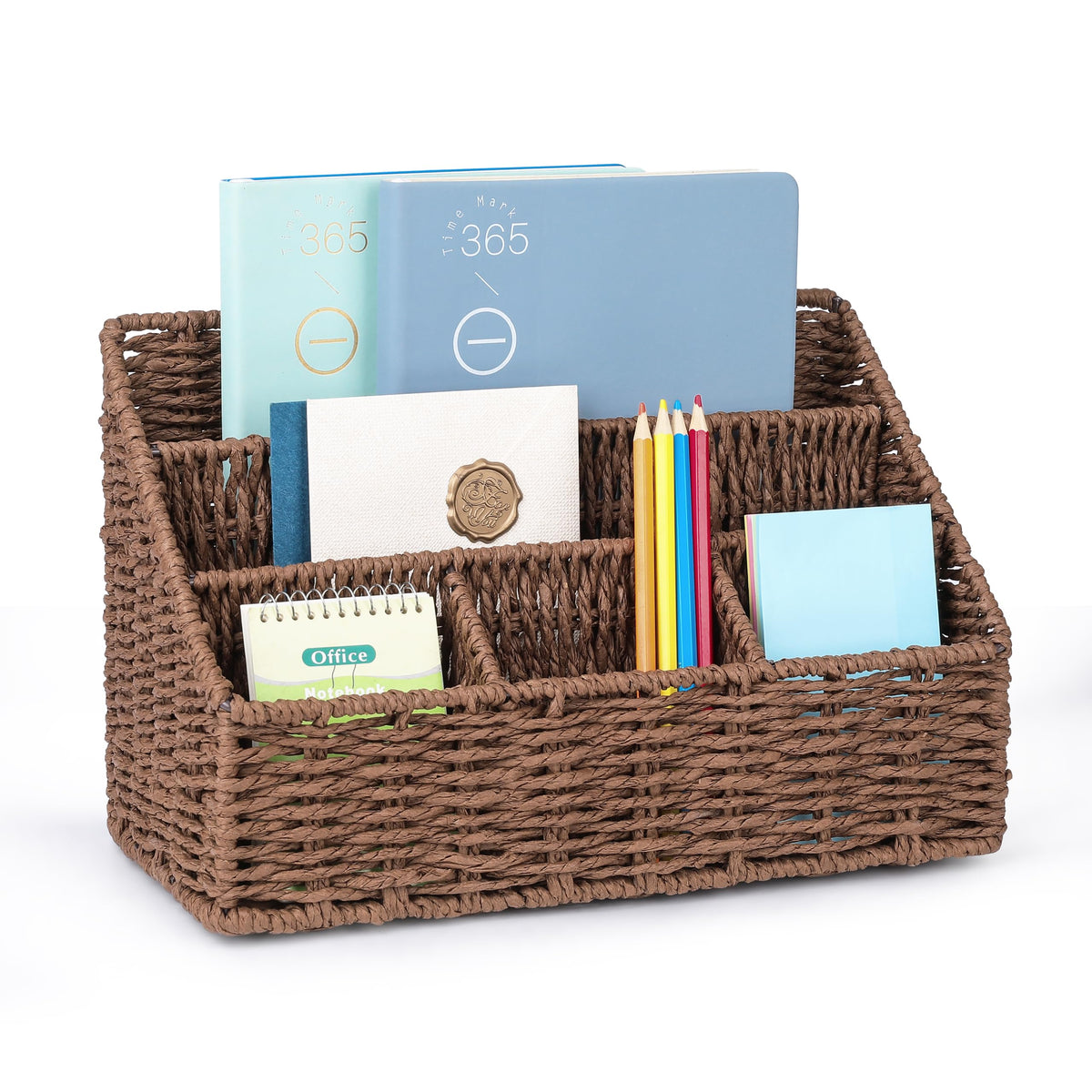 DINGTAI Rattan Desk Organizer, Tabletop Mail Holder, 5 Slot Mail Organizer Countertop Basket, Rattan Office Supplies, Boho Office Desk Accessories, Wicker Desk Organizer, Magazine Holder(Wicker)