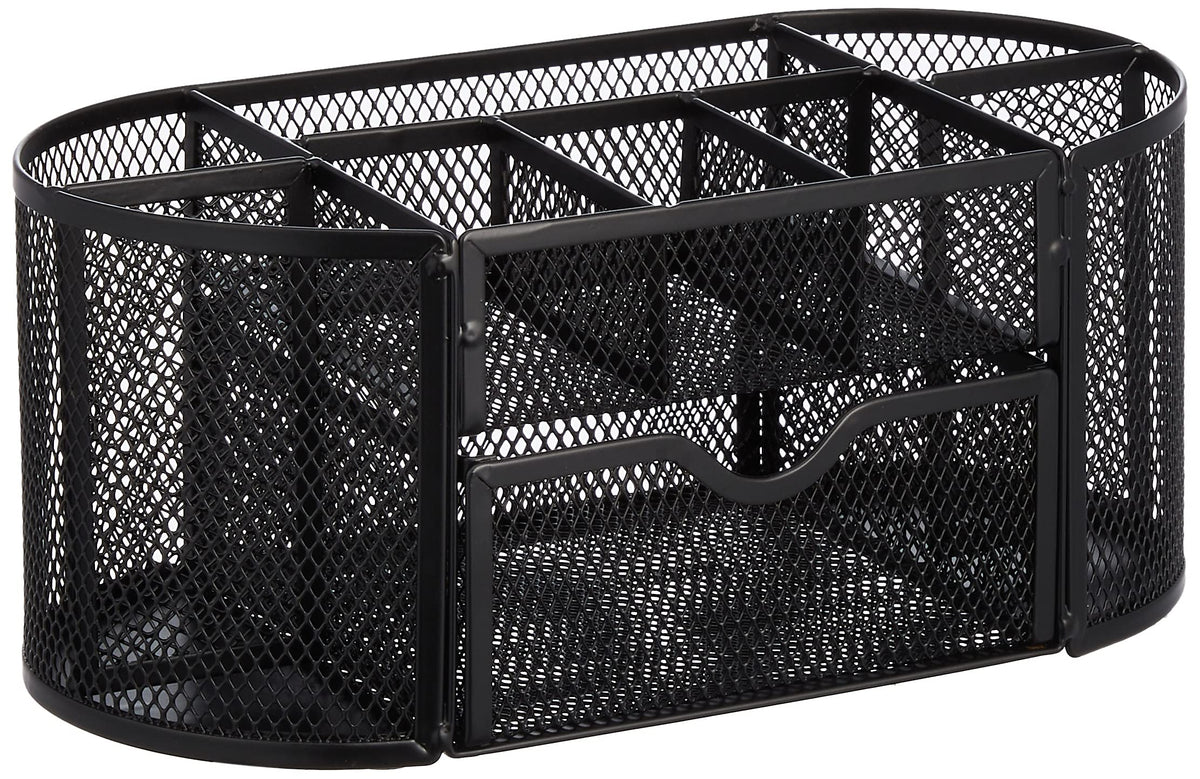 Amazon Basics Mesh Desk Organizer with Pen Holder, Pullout Drawer and Office Caddy Storage, 9.25" x 4.53" x 3.94", Black