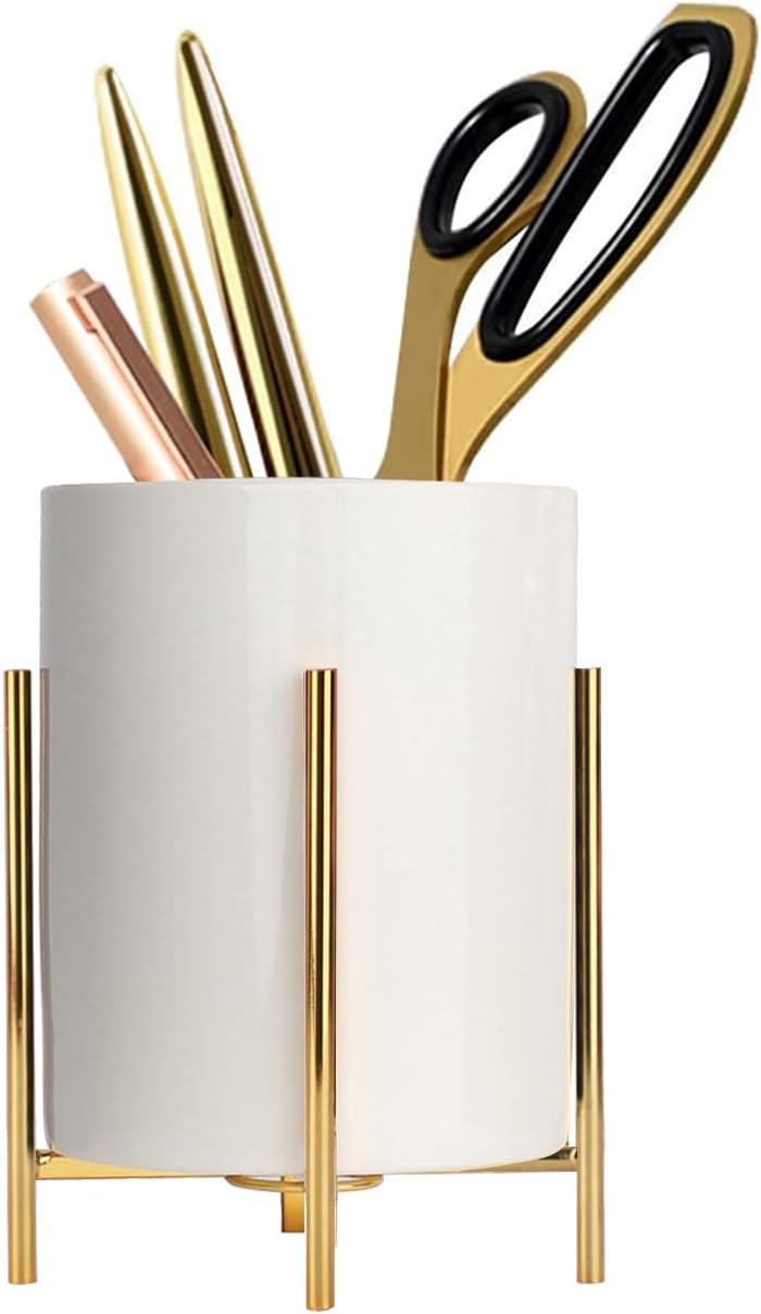 Gold pencil cup Sturdy metal frame with white ceramic pen holder For desks and kitchen appliance holders