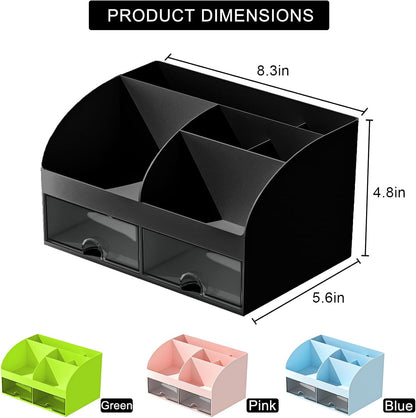 COMFYROOM Desk Organizer with 6 Compartments and 2 Drawers, Plastic Makeup Organizer, Pen Holder for Desktop Storage, Desk Organization for School, Home, Office Supplies (Black)
