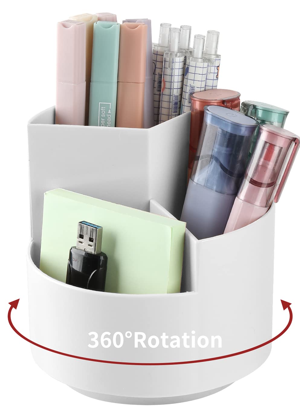 Desk Pencil Pen Holder, 3 Slots 360-Degree Spinning Organizers, Desktop Storage Stationery Supplies, Cute Cup Pot for Office, School, Art Supply, Kids - White