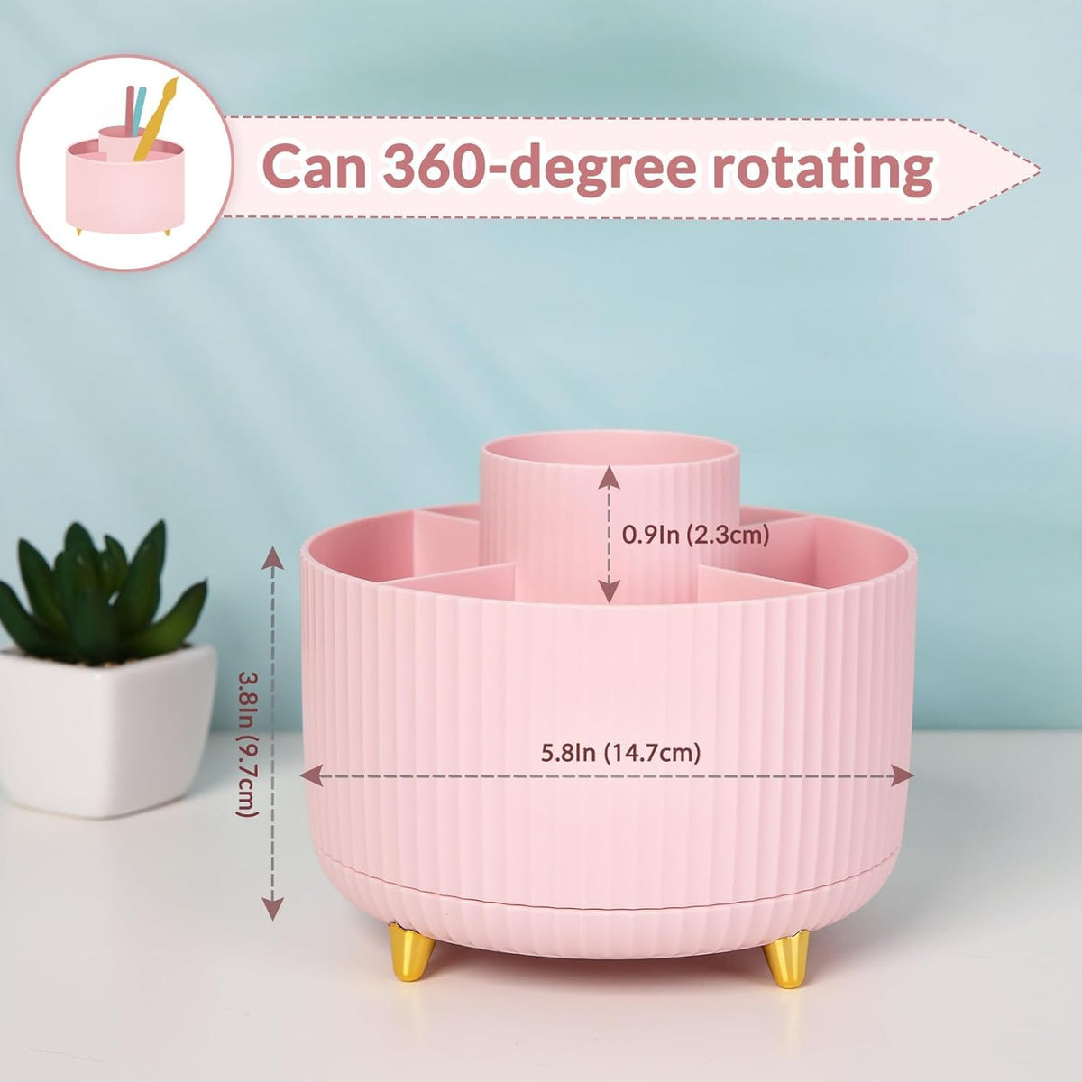 SKYDUE 360 Rotating Multipurpose Organizer - Cute Rotating Pen Holder with 5 Slots for Art Supplies, Office, School, Home