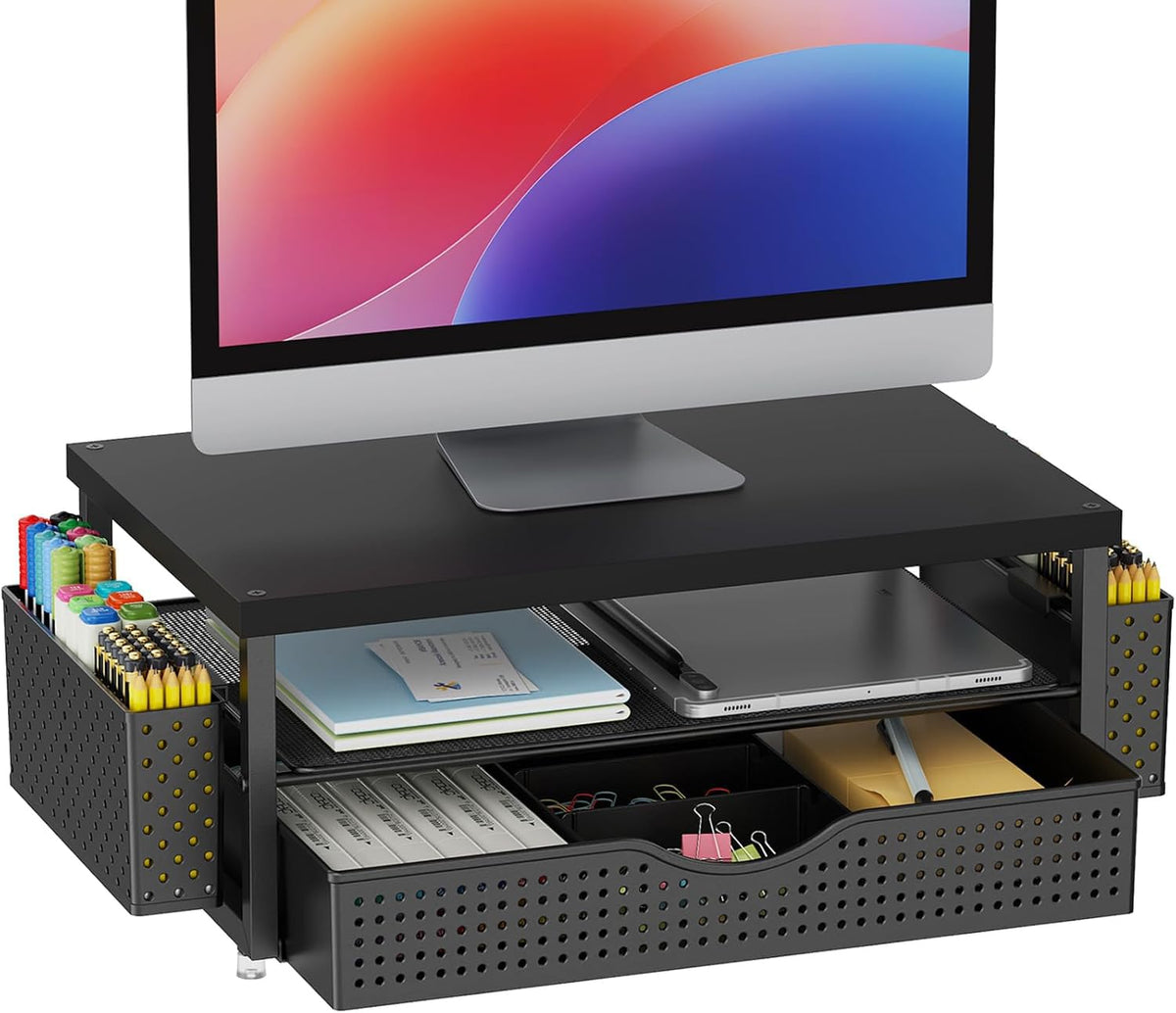 gianotter Desk Organizers and Accessories, Monitor Stand with Drawer and 2 Pen Holder, Desktop Organizer Suitable for Offices and Dormitories (Wood)