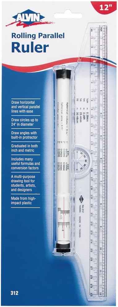 ALVIN 312 Rolling Parallel Ruler, 12 Inch, Clear Plastic Rolling Ruler with Inch and Metric Scales and Protractor for Drawing Parallel Lines, Circles, Angles and Arcs