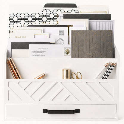 BLU MONACO | White Wooden Desk Organizer & Mail Organizer with Drawer & Gold Handle | Mail Sorter Countertop | 6 Compartments | White Desktop Organizer for Desk