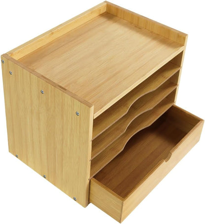 KKTONER 5-Tier Bamboo Desk Organizer with Drawer Tabletop File Organizer Document Holder with Shelf Desktop Cabinet for Home Office School Supplies (Natural)