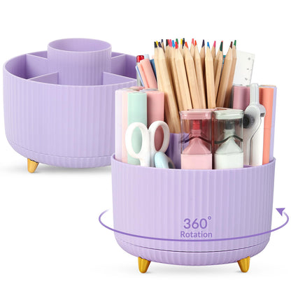 SKYDUE 360 Rotating Purple Pen & Art Supply Organizer - 5 Slot Desk Organizer for Office, School, Home