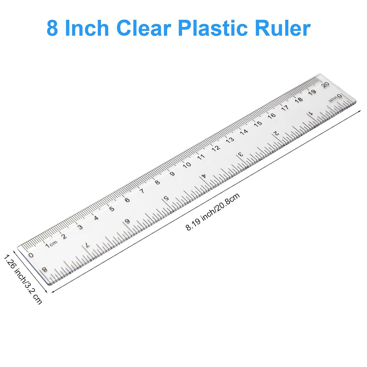 2 Pack - 8 inch Clear Plastic Ruler Straight Shatterproof Transparent Rulers for Office Supply (Clear)