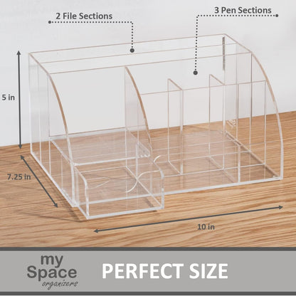 My Space Organizers Clear Acrylic Desk Oganizer, 9 Compartments, Office Supplies and Desk Accessories Organizer, Home Decor Desktop Organizer (Clear)