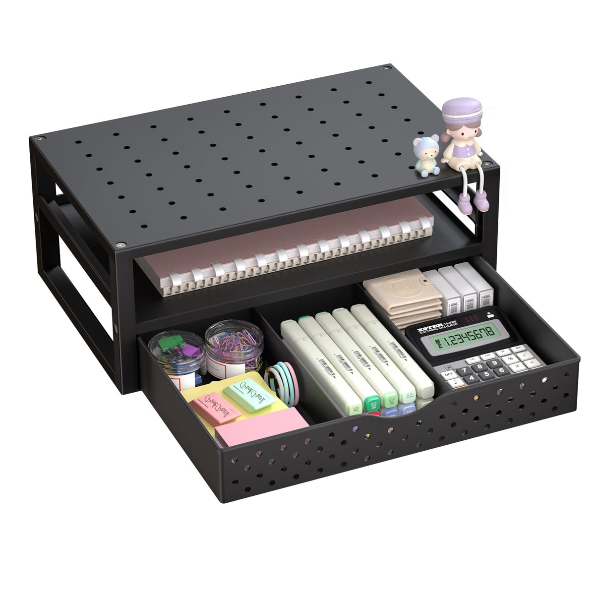 WALI Desk File Organizer, 5 Tier Desktop Paper Letter Tray Organizer with Drawer and 2 Pen Holders, Office Desk Accessories & Workspace Organizers for Office, Home Supplies(DO006DH-B), 1 Pack, Black