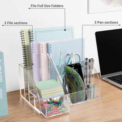 My Space Organizers Clear Acrylic Desk Oganizer, 9 Compartments, Office Supplies and Desk Accessories Organizer, Home Decor Desktop Organizer (Clear)