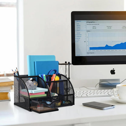 Comix Mesh Pen Pencil Holder Desk Organizer, 7 Compartment Wire Desktop Pen Pencil Cup Caddy Office Supplies for Home Office School, Black
