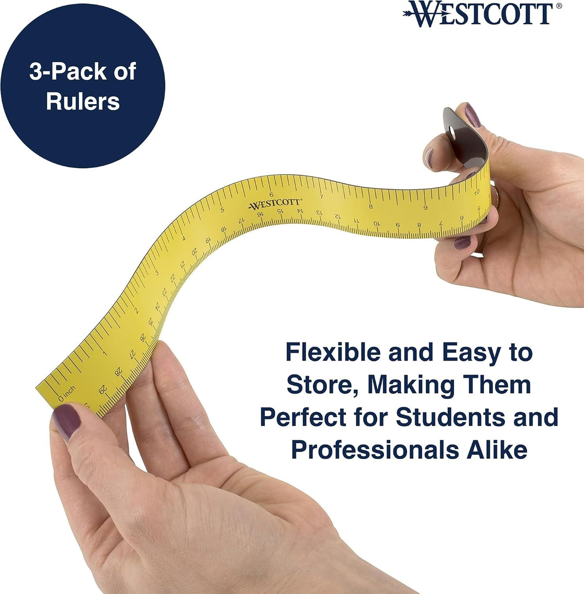Westcott ‎12 inch Magnetic Flexible Rulers (3 Pack), Yellow, for School, Office, Crafts and DIY, Measuring Tools for Students and Adults