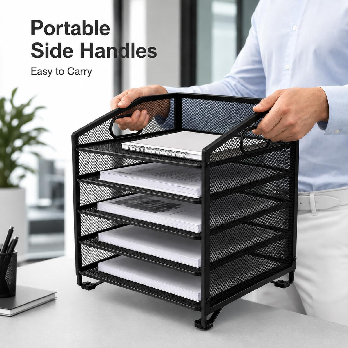 Ekisemio 5-Tier Desk Organizers and Accessories, Paper Letter Tray Organizer with File Holder, Desktop Organizer for Office Supplies, Black