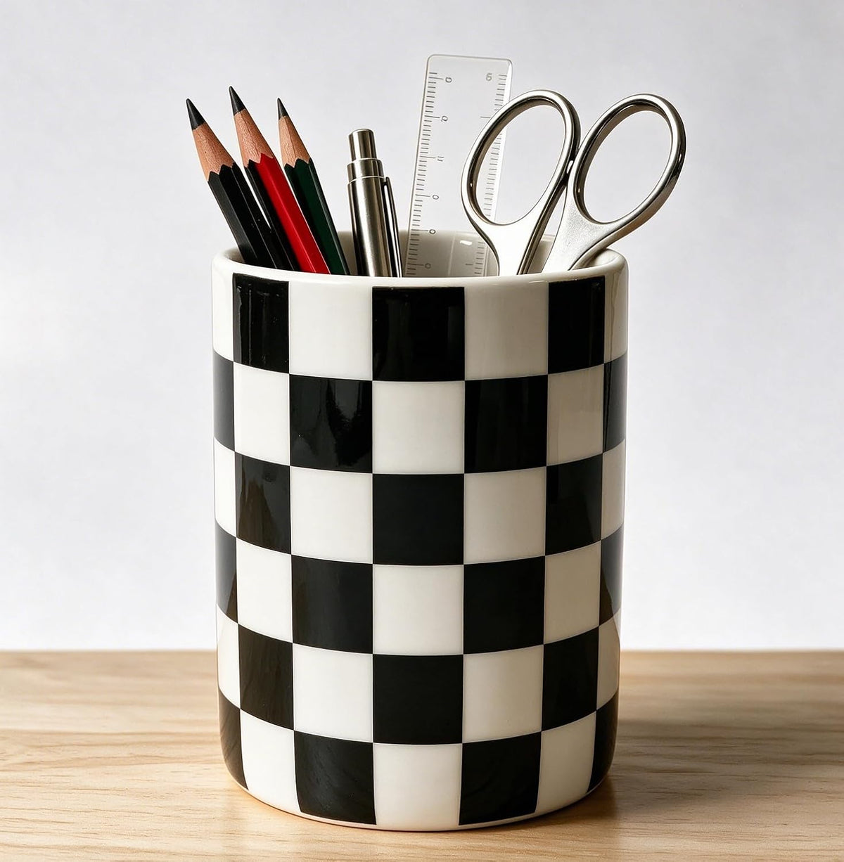 Checkered Pen Holder For Desk,Ceramic Pencil Holder Organizer,Cute Pen Cup office decor, Black and white desk accessories