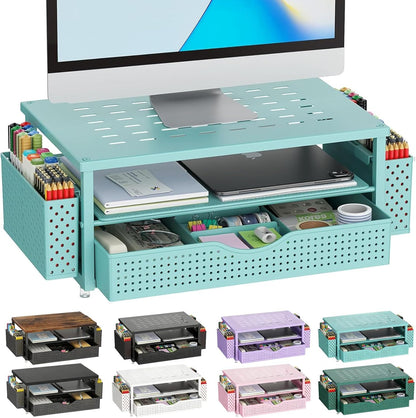 gianotter Desk Organizers and Accessories, Monitor Stand with Drawer and 2 Pen Holder, Desktop Organizer Suitable for Offices and Dormitories (Wood)