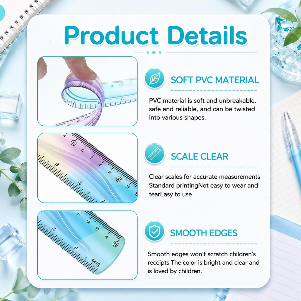3 Pcs Flexible Ruler 6Inch 8Inch 12Inch Soft Plastic Ruler